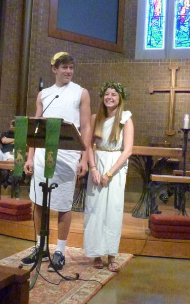 Two Freshman presented their costumes, saying simply Were wearing togas. Well put.