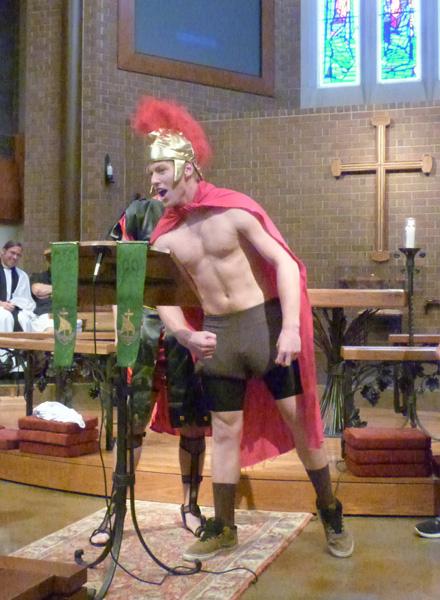 During assembly, two Junior boys, dressed as Spartans, reenact the famous speech from the film 300.