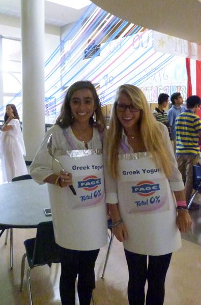 Two Senior girls dress as Greek yogurt cups to celebrate Greek Day on Monday.