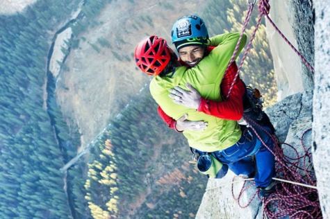 Caldwell and Jorgeson Hugging after completing the climb. 