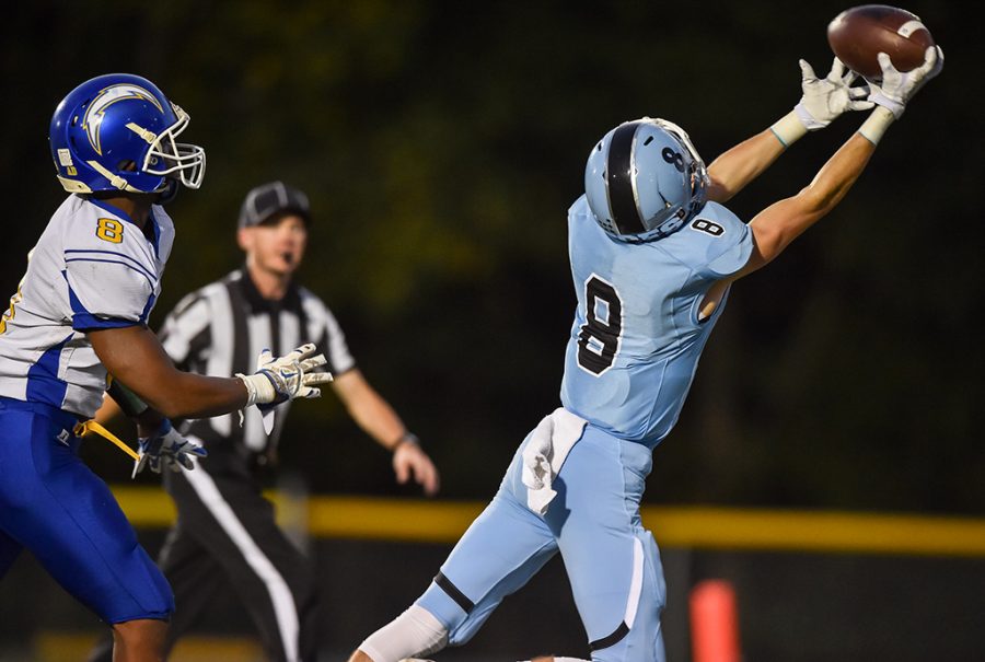 Lee Hudson hauls in one of his six touchdown catches on the season against Calhoun Falls.  Hudson was named to the All-Region team following the season.