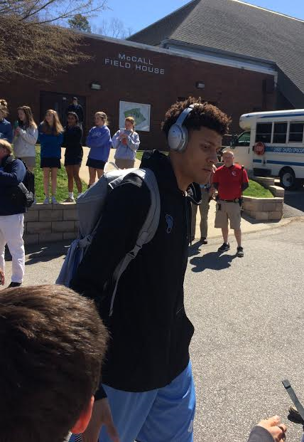 UNC forward Justin Jackson makes his way from McCall Fieldhouse to the bus.  Jackson stands 68 tall.